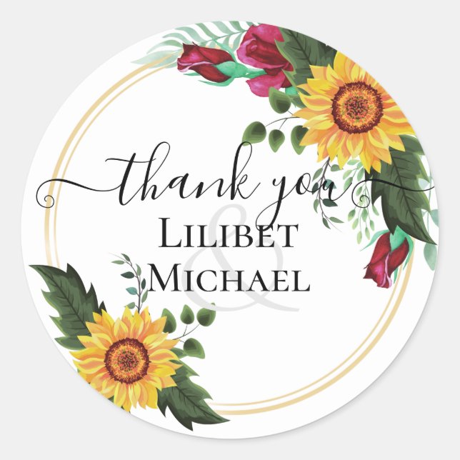 Burgundy Roses Sunflowers Thank You Favour Gift Classic Round Sticker (Front)