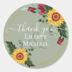 Burgundy Roses Sunflowers Thank You Favour Gift Classic Round Sticker