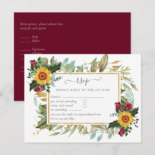 Burgundy Roses Sunflowers Wedding RSVP Postcard (Front/Back)