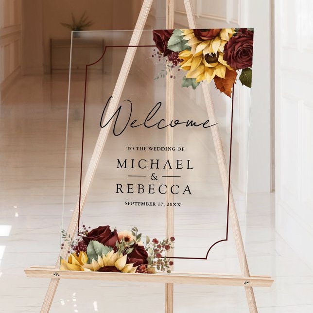 Burgundy Roses Sunflowers Wedding Welcome Acrylic Sign (Creator Uploaded)