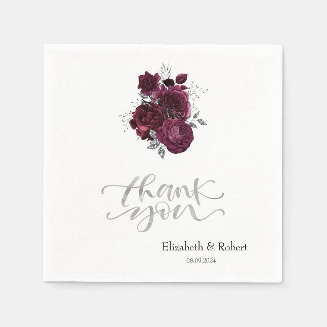 Burgundy Roses Thank You Card Napkin (Front)