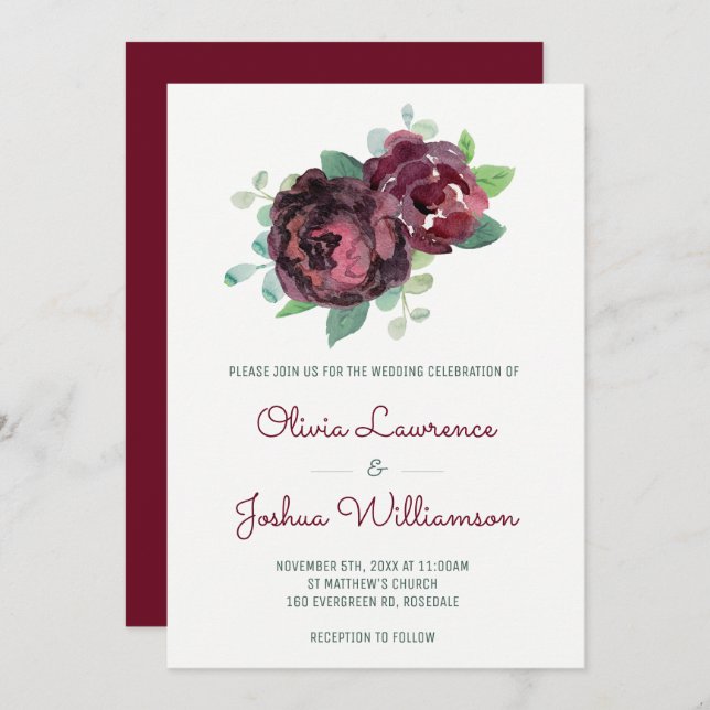 Burgundy Roses Watercolor Wedding Invitations (Front/Back)