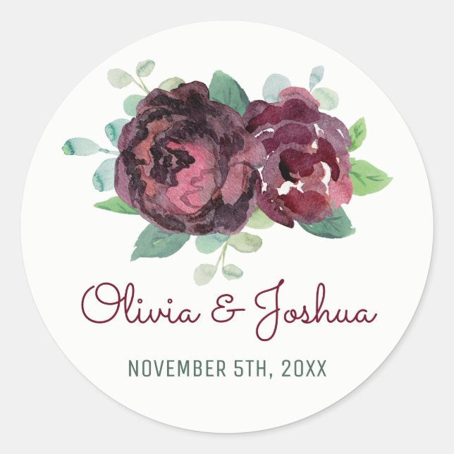 Burgundy Roses Watercolor Wedding Stickers (Front)
