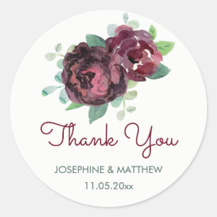 Burgundy Roses Watercolor Wedding Thank You Classic Round Sticker