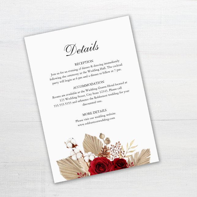 Burgundy Roses Wedding Details Card (Burgundy Roses and Palm Leaves Wedding Details Card Template on gray table)