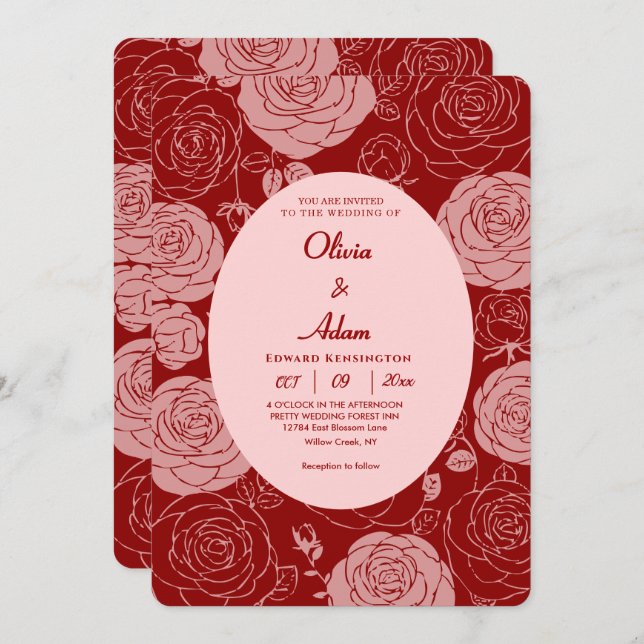 Burgundy Roses Wedding Invitation (Front/Back)