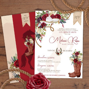 Burgundy Roses Western Charro Spanish Quinceañera Invitation