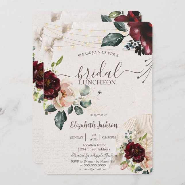 Burgundy Roses,Wine Glass,Lights Bridal Luncheon  Invitation (Front/Back)