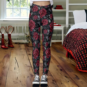 Burgundy Roses with Black Background   Leggings