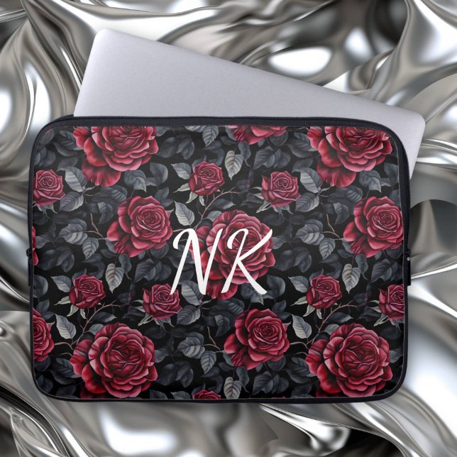 Burgundy Roses with Black Background Monogrammed Laptop Sleeve (Creator Uploaded)