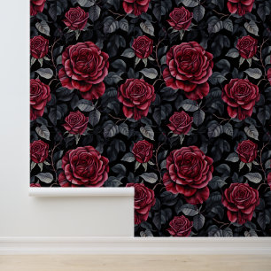 Burgundy Roses with Black Background Pattern Wallpaper