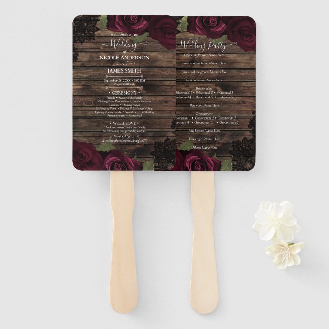 Burgundy Roses Wood Black Lace Floral Wedding Hand Fan (Front and Back)