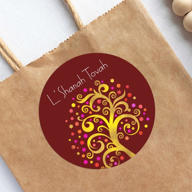 Burgundy Rosh Hashanah Gold Foil Tree of Life Bold Classic Round Sticker (Creator Uploaded)