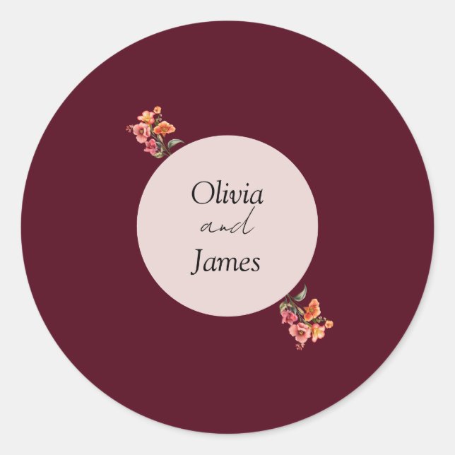 Burgundy Round Floral Wedding Envelope Sticker (Front)