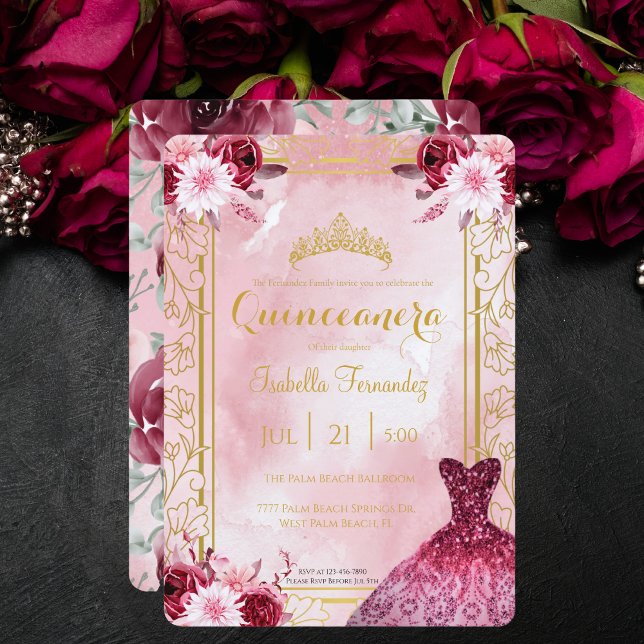 Burgundy Royal Pink Rose Glitter Dress Quinceanera Invitation (Creator Uploaded)