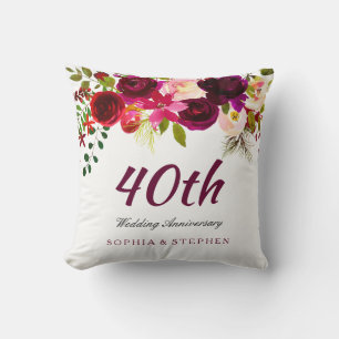 Burgundy Ruby Red Floral 40th Wedding Anniversary Cushion