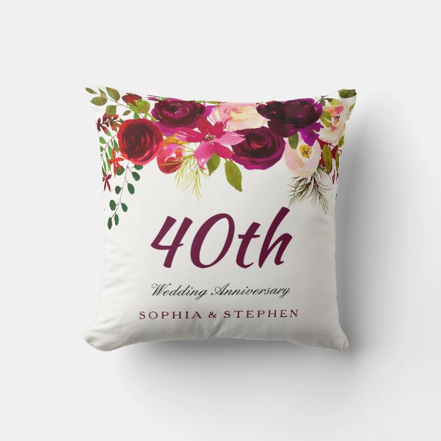Burgundy Ruby Red Floral 40th Wedding Anniversary Cushion (Front)