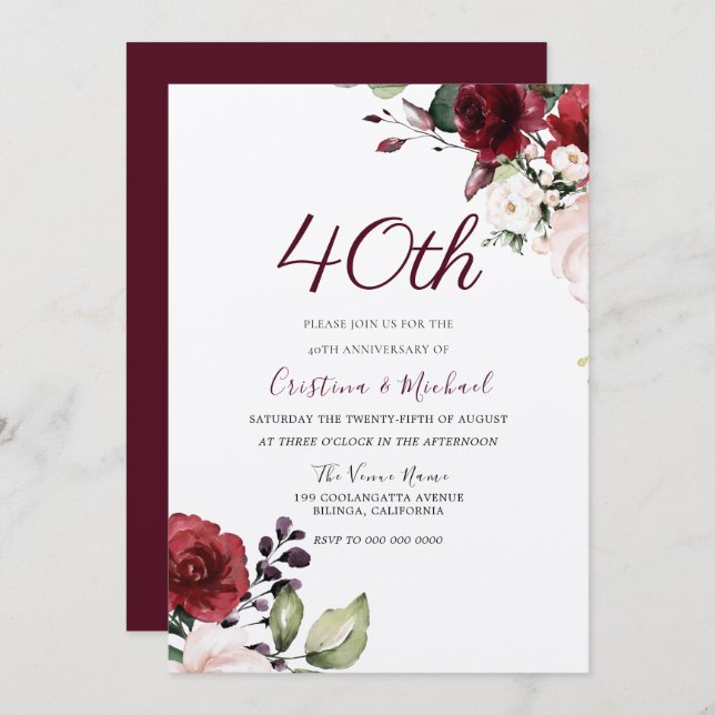 Burgundy Ruby Red Floral 40th Wedding Anniversary Invitation (Front/Back)