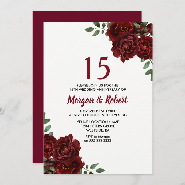 Burgundy Ruby Red Rose 15th Wedding Anniversary Invitation (Front/Back)