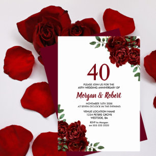 Burgundy Ruby Red Rose 40th Wedding Anniversary Invitation