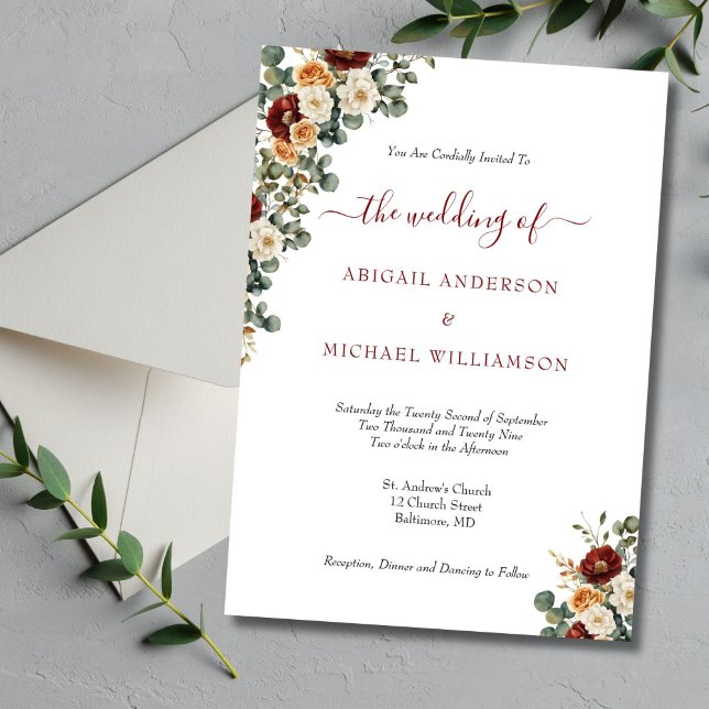 Burgundy Rust Cream Floral Elegant Wedding Invitation (Burgundy Rust Cream Floral Elegant Wedding Invitation)