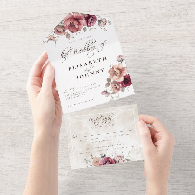 Burgundy Rust Fall Floral Wedding Details RSVP All In One Invitation (Tearaway)