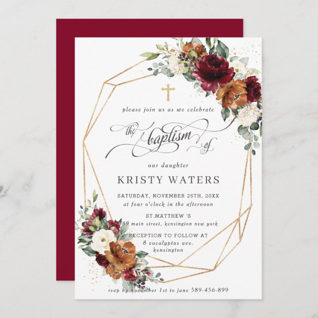 Burgundy Rust Floral Greenery Baptism Geometric Invitation (Front/Back)