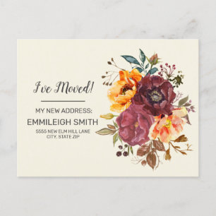 Burgundy Rust Orange Floral Change Address  Announcement Postcard