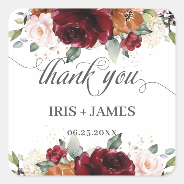 Burgundy Rust Orange Floral Gold Wedding Thank You Square Sticker (Front)
