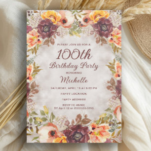 Burgundy Rust Orange Floral Women's 100th Birthday Invitation