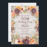 Burgundy Rust Orange Floral Women's 90th Birthday Invitation<br><div class="desc">Elegant burgundy rust,  orange,  and cream-coloured floral and foliage women's 90th birthday party invitation.  Design your invitations for any age.</div>