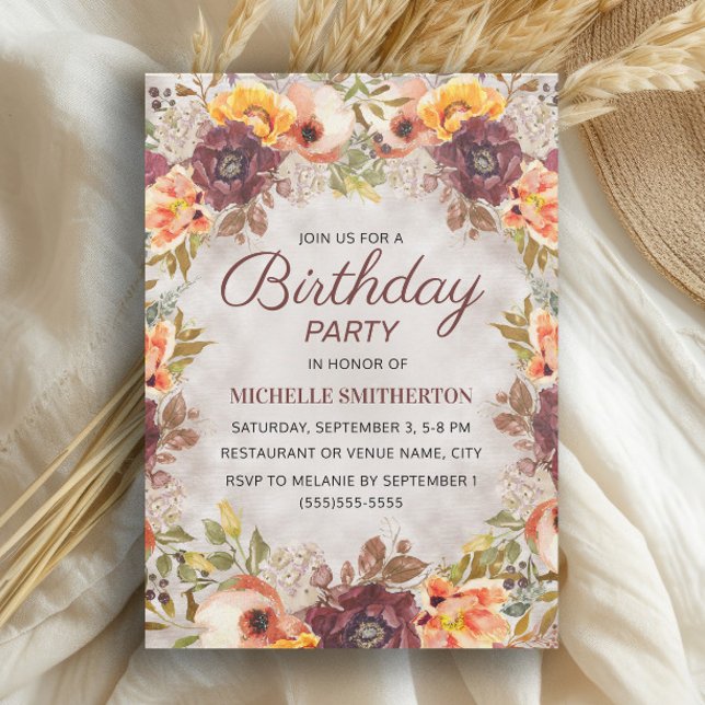Burgundy Rust Orange Floral Women's Birthday  Invitation (Burgundy and burnt orange watercolor floral birthday party invitation)