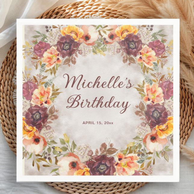 Burgundy Rust Orange Floral Women's Birthday Napkin (Burgundy, rust, and burnt orange watercolor floral birthday party paper napkins)