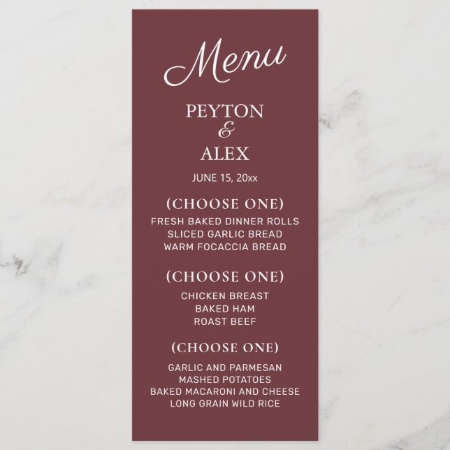 Burgundy Rust Wedding Reception Rehearsal Dinner Menu (Front)