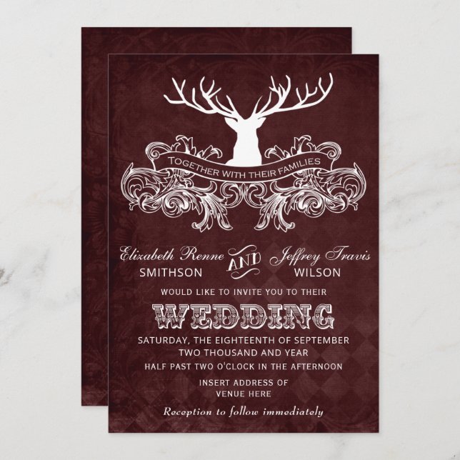 Burgundy Rustic Antler Deer Woodland Wedding Invitation (Front/Back)