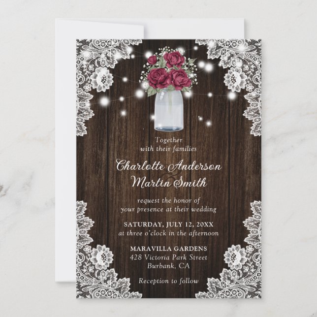Burgundy Rustic Barn Wood Lights Floral Wedding Invitation (Front)
