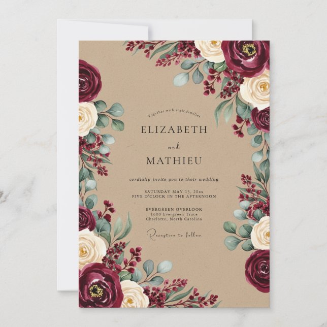 Burgundy Rustic Bloom Wedding Invitation (Front)