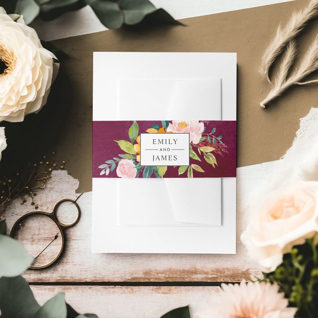 Burgundy Rustic Blush Floral Wedding Monogram Invitation Belly Band (Creator Uploaded)
