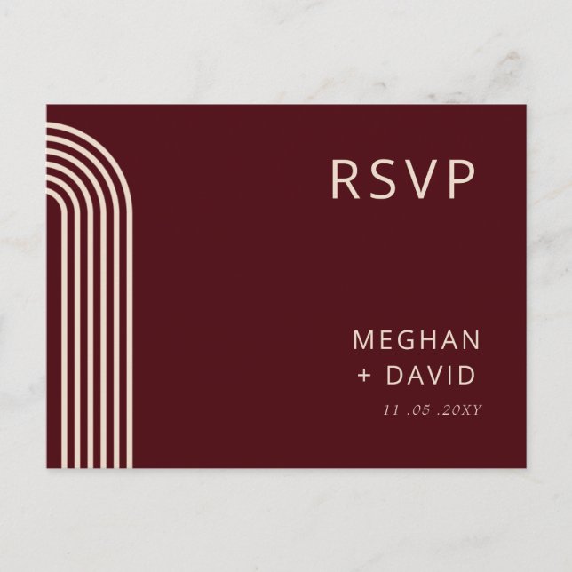 Burgundy Rustic Boho Arched Modern Wedding RSVP Invitation Postcard (Front)