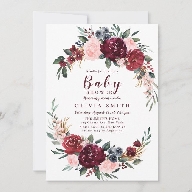 Burgundy rustic boho floral baby shower invitation (Front)