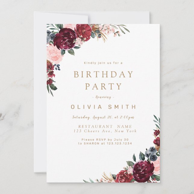 Burgundy rustic boho floral birthday party invitation (Front)