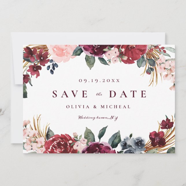 Burgundy rustic boho floral save the date (Front)