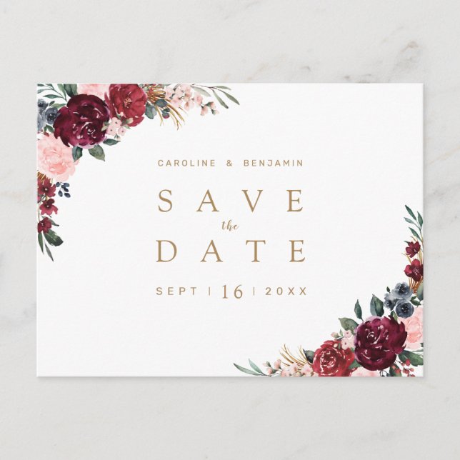 Burgundy rustic boho floral save the date announcement postcard (Front)