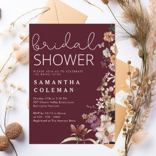 Burgundy Rustic Boho Wildfolwer Chic Bridal Shower Invitation