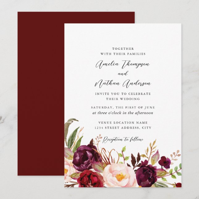 Burgundy Rustic Botanical Florals Wedding Invitation (Front/Back)