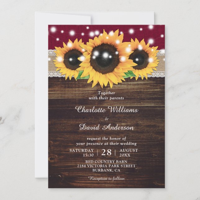 Burgundy Rustic Burlap and Lace Sunflower Wedding Invitation (Front)