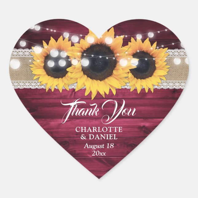 Burgundy Rustic Burlap Lace Sunflower Wedding Heart Sticker (Front)