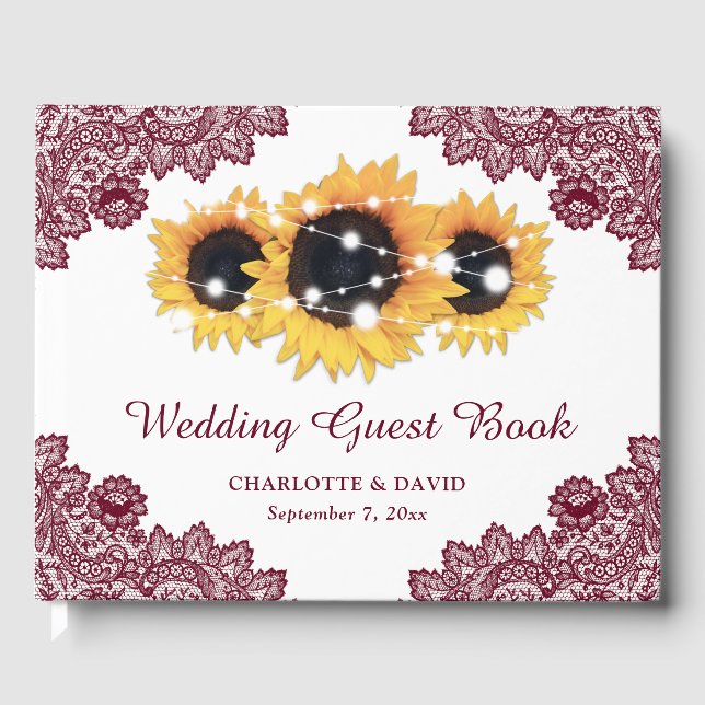 Burgundy Rustic Chic Lace Sunflower Wedding Guest Book (Front)