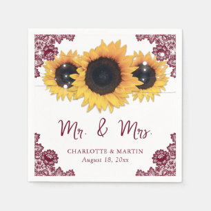 Burgundy Rustic Chic Lace Sunflower Wedding Napkin