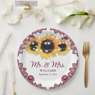 Burgundy Rustic Chic Lace Sunflower Wedding Paper Plate